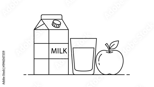 Black and white line art of a healthy breakfast set featuring a milk carton, a filled glass, and a whole fresh apple.
