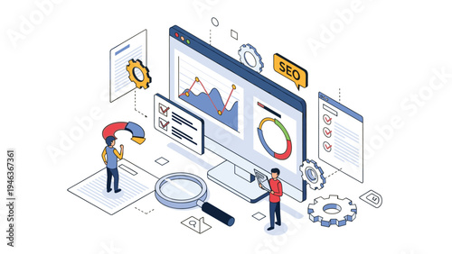 Search engine optimization and website data analysis concept featuring isometric figures working on analytics on large computer monitor.