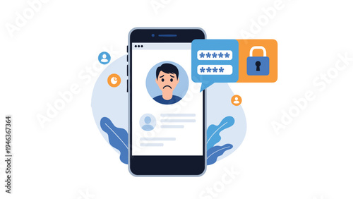 Mobile application login problem and security concept showing smartphone with password field and sad user profile face icon.