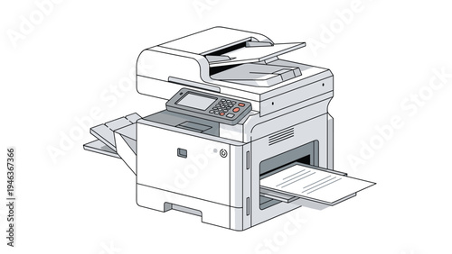Detailed illustration of a professional multi-function office printer, copier, and scanner machine with paper in the output tray.