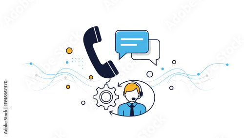 Customer support and telemarketing concept featuring male operator with headset and communication icons representing service assistance.