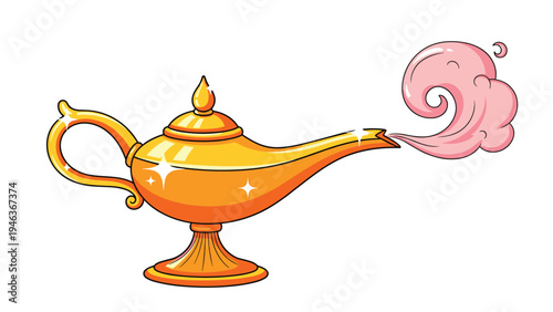 Magical genie lamp illustration made of gold with pink smoke coming out from the spout against a clean white background.