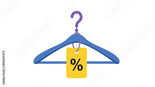 Retail fashion sale and shopping discount concept featuring blue clothes hanger with yellow percentage symbol price tag icon.