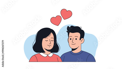 Romantic relationship and love concept showing young couple smiling at each other with red hearts floating above their heads.