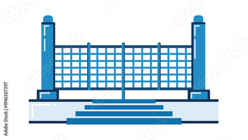 Sports equipment and court net illustration showing blue pillars and mesh net for tennis, volleyball, or badminton games.