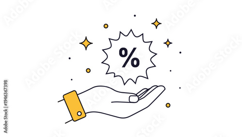Special offer and discount promotion concept showing human hand holding a price tag star with percentage symbol on it.