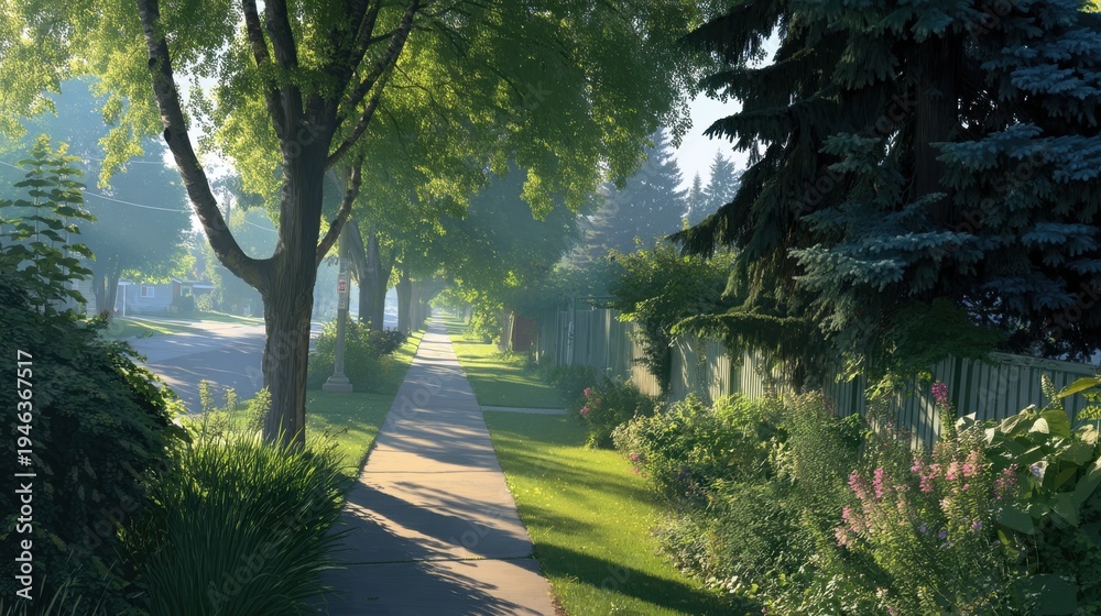 Fototapeta premium Lush Green Urban Sidewalk Surrounded by Trees and Vibrant Flowering Plants on a Bright Sunny Day