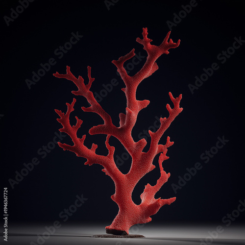 Elegant Red Coral Branch on Dark Studio Background, Striking red coral specimen with branching form, isolated on a dark backdrop—perfect for coastal, marine, and minimalist designs.