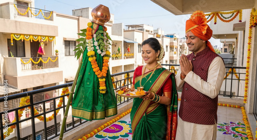 Indian couple celebrating Gudi Padwa festival with traditional attire and decorations