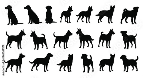 A collection of black silhouettes depicting various dog breeds in different poses