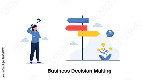 Woman stands at a signpost with arrows pointing in different directions while she considers a difficult business decision.