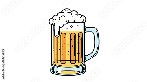 Large glass mug of golden beer with a thick head of white foam is illustrated in a friendly and casual cartoon outline style.