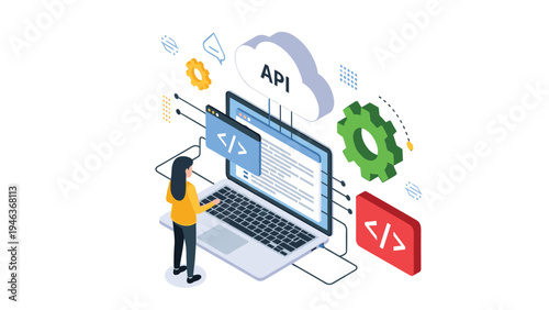 Software developer works on an API integration using a laptop and cloud based coding tools in an isometric workspace scene.