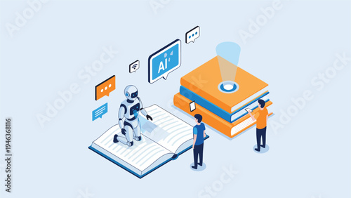 Robotic assistant and students use artificial intelligence technology to study from large books in an isometric classroom setting.