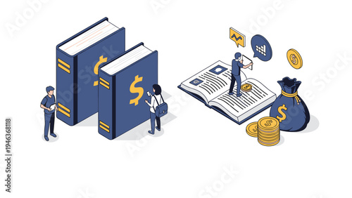 Students study financial concepts using giant books marked with dollar signs alongside a large bag of money and gold coins.