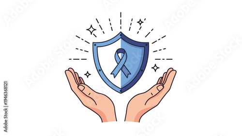 Pair of hands protectively holds a blue shield with an awareness ribbon to symbolize health support, security, and care.
