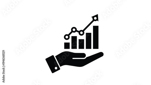 Human hand holds a rising bar chart with a trend line to illustrate financial success, investment growth, and profit.