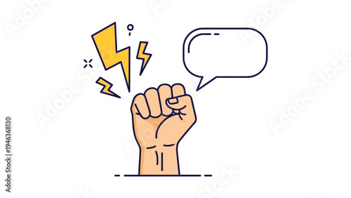 Raised fist with lightning bolts and a speech bubble represents a powerful message, social protest, and strong leadership.