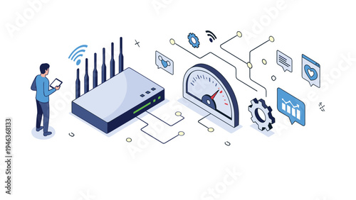 Man monitors internet speed and performance using a large Wi-Fi router surrounded by digital analytics and social media icons.