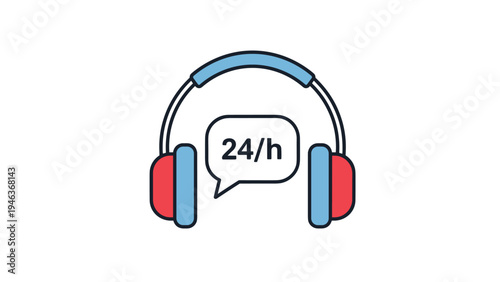 Technical support headset with a twenty four hour speech bubble symbolizes round the clock customer service and assistance.