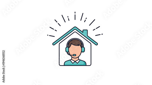 Customer support from home is represented by a headset wearing representative positioned inside a light blue house icon.