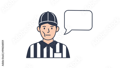 Sports officiating and fair play concept showing referee in striped uniform with whistle and blank speech bubble icon.