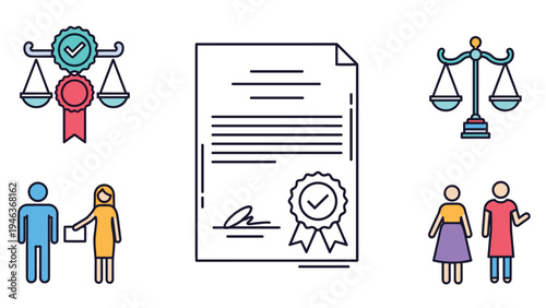 Law and justice concept showing legal document with certificate seal surrounded by scales of justice and people icons.