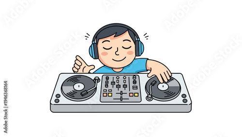 Music entertainment and nightlife concept featuring cartoon DJ character with headphones playing records on a turntable mixer.
