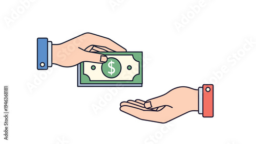 Financial transaction and payment concept showing one hand giving a dollar bill to another open hand for purchase.