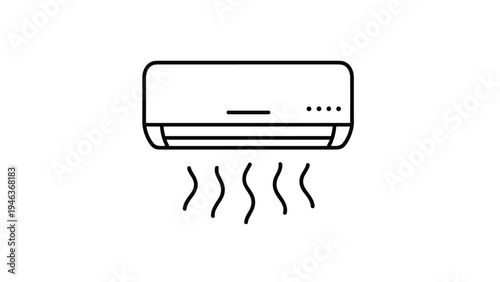 Minimalist line icon of an air conditioning unit blowing cool air to represent climate control and home comfort solutions.
