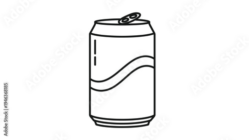 Simple black and white line art illustration of a soda can with a wave design for beverage packaging and refreshment concepts.