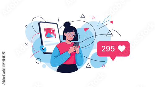Modern social media illustration of a woman using a smartphone with a heart like notification and abstract artistic elements.