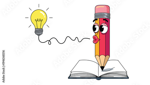 Cartoon character pencil writing in an open book and connected to a glowing lightbulb for creative writing and ideas.