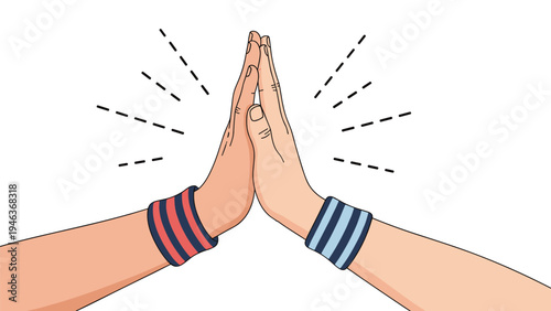 Two hands come together in a celebratory high-five gesture to show success and cooperation in this cartoon vector illustration.