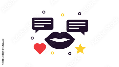 Feminine beauty and social media engagement symbols including lips, heart, star, and chat bubbles are displayed in a modern icon set.