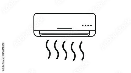 Split system air conditioner unit mounted on a wall is shown blowing cool air downward in a simple black and white line icon.