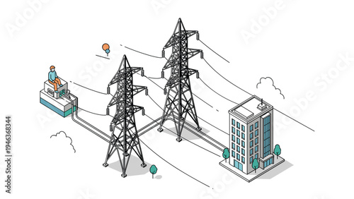 Electrical power infrastructure is shown in an isometric view with high voltage towers connecting a station to a modern building.