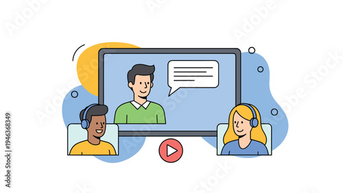 Remote teamwork is depicted through a video conference call on a computer monitor showing multiple participants with headsets.