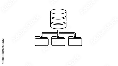 Central database server icon is linked to three separate file folders representing organized data storage and network structure.