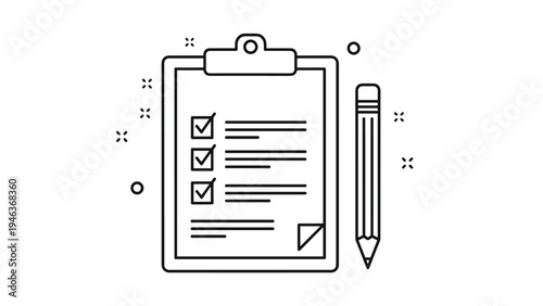 Clipboard with a checklist and a pencil is surrounded by decorative symbols to represent productivity, tasks, and organization.