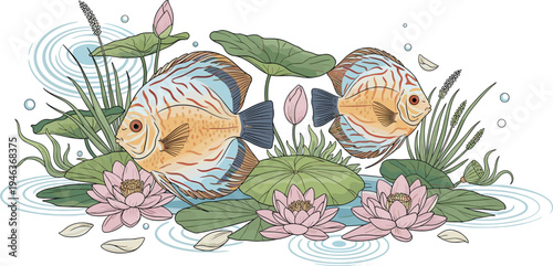 Two vibrant Discus fish swimming peacefully among pink water lilies, lotus leaves, and ripples in a clean, hand-drawn vector style illustration.