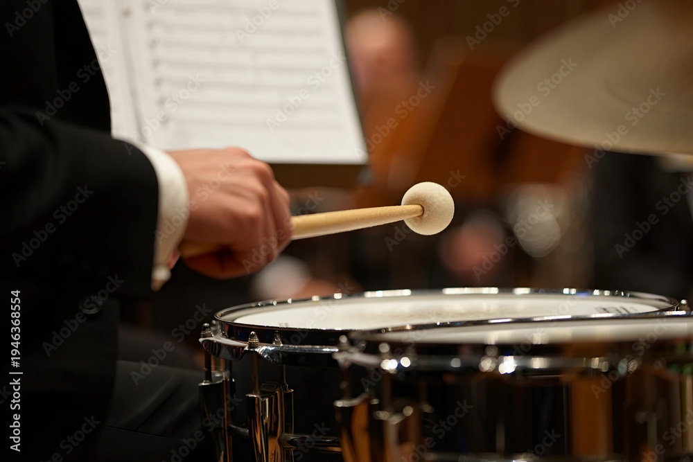 Naklejka premium Jazz Day Orchestral drummer hitting snare drum with mallet close up image
