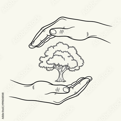 Hand-drawn illustration of human hands gently cradling a thriving tree, symbolizing vital environmental protection, ecological care, and sustainable natural growth