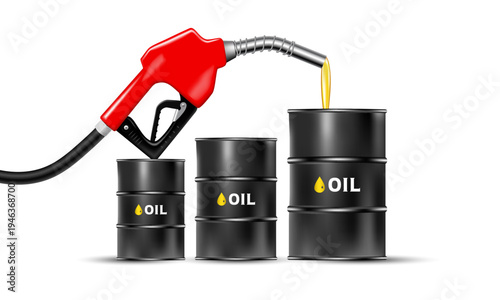 Oil price increase concept with Fuel nozzle and oil barrels. Rising oil industry illustration with Petroleum barrels and pump nozzle. Global fuel price growth concept with Oil drums and Gas pump