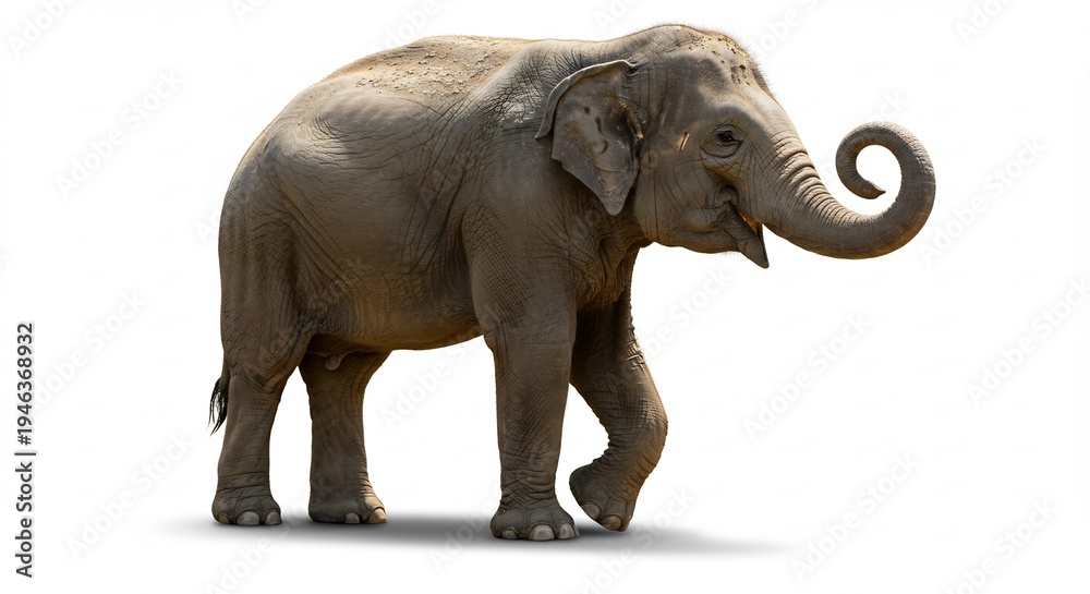 Fototapeta premium A majestic elephant walks forward in a clean studio shot with a white backdrop.. AI Generated