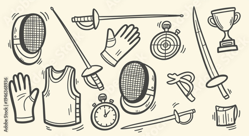 Fencing equipment and accessories doodle illustration on a light background