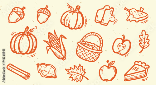 Autumn Harvest Icons Set Thanksgiving Fall Seasonal Elements Hand Drawn Style