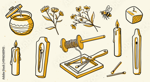 Vintage Illustration Of Beekeeping And Candle Making Tools With Botanical Elements