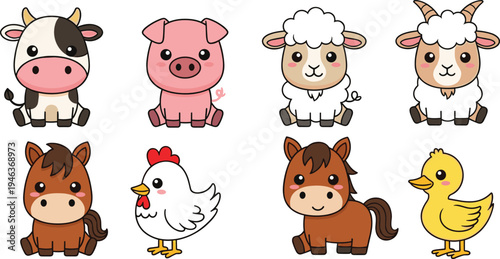 Vector set of cute cartoon farm animals in chibi style including cow pig sheep goat horse chicken and duckling isolated on white background.