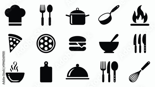 Collection of black kitchen icons including food utensils and cooking tools on white background for restaurant or cooking concepts